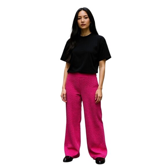 Storia Wide Leg Pull-On Diamond Sweater Pants Hot Pink Size M NWT Cozy Casual - Picture 1 of 11